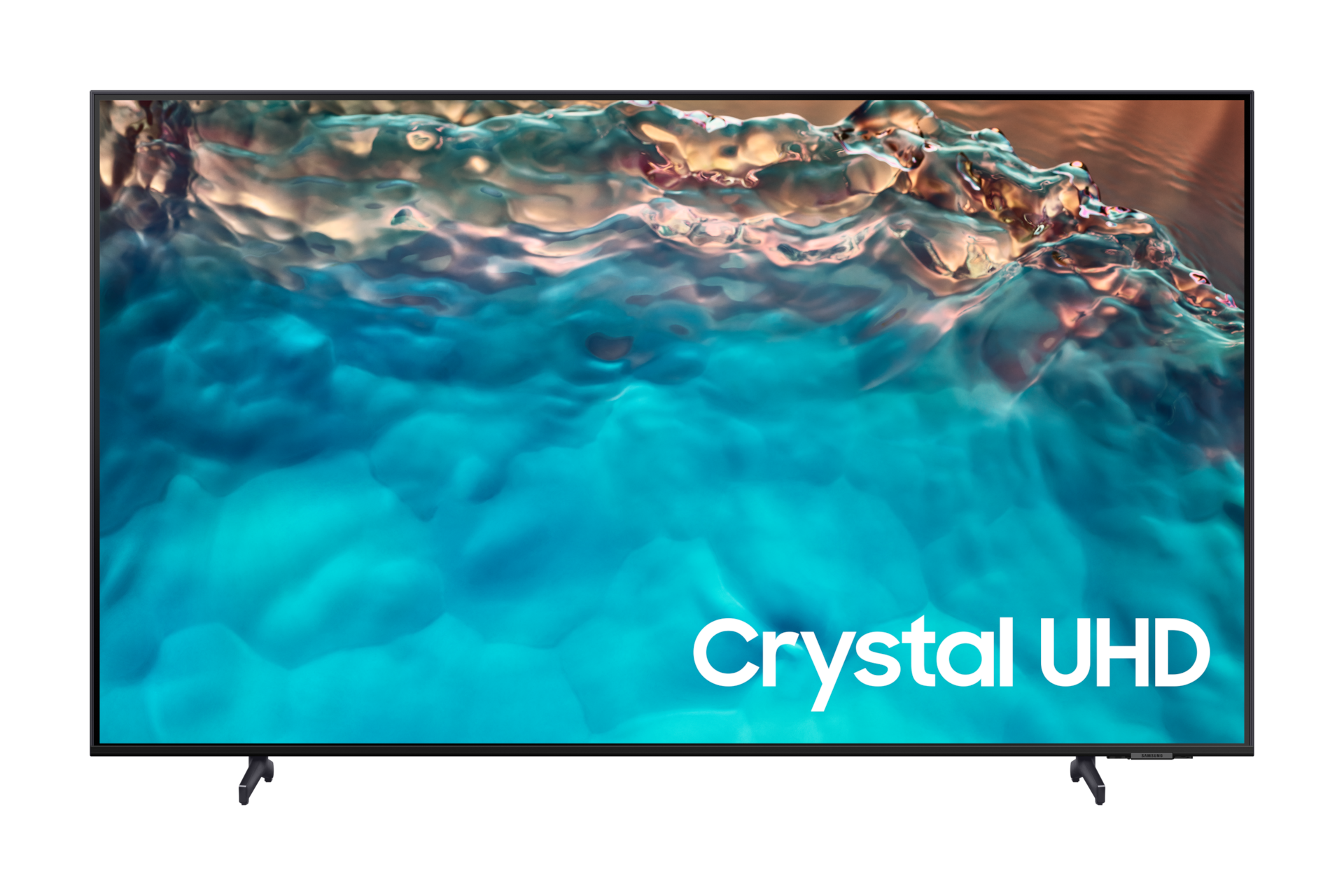 ดูราคาทีวี BU8100 Crystal UHD 55 นิ้วที่ให้สีสันสวยสมจริง ดีไซน์เครื่องบางสวยประหยัดพื้นที่ พร้อมคมชัดระดับ 4K และให้เสียงสมจริง. ด้านหน้าของ Crystal UHD 55 นิ้ว สี Titanium Gray ที่มีโลโก้ Crystal UHD บนหน้าจอ