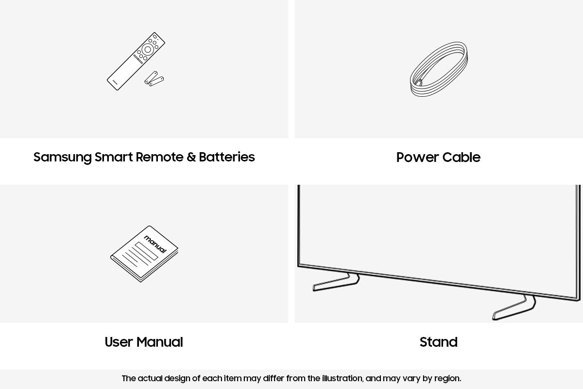 อุปกรณ์เสริม Samsung 2025 Crystal UHD U8000F ที่ให้มาได้แก่ รีโมทคอนโทรล, สายไฟ และคู่มือ