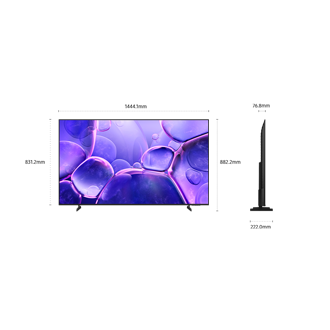 ขนาดหน้าจอ Samsung Crystal UHD U8000F เท่านั้น (1444.1 x 831.2 x 76.8 มม.) ความสูงพร้อมขาตั้ง Black Basic (882.2 มม.) ขนาดขาตั้ง Black Basic (1004.6 x 222 มม.)