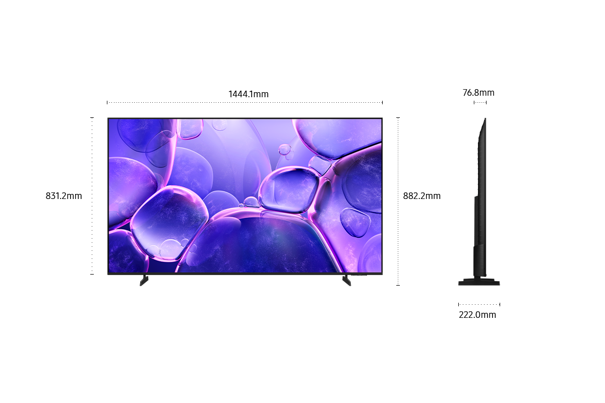 ขนาดหน้าจอ Samsung Crystal UHD UE100F เท่านั้น (1444.1 x 831.2 x 76.8 มม.) ความสูงพร้อมขาตั้ง Black Basic (882.2 มม.) ขนาดขาตั้ง Black Basic (1004.6 x 222 มม.)