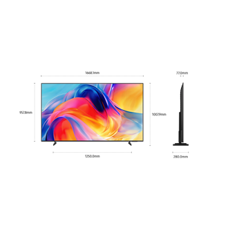 ขนาดของหน้าจอ Samsung Mini LED M75H เท่านั้น (1668.1 x 957.8 x 77 มม.) ความสูงเมื่อรวมขาตั้ง TitanGray Basic (1007.9 มม.) ขนาดของขาตั้ง TitanGray Basic (1250 x 280 มม.)