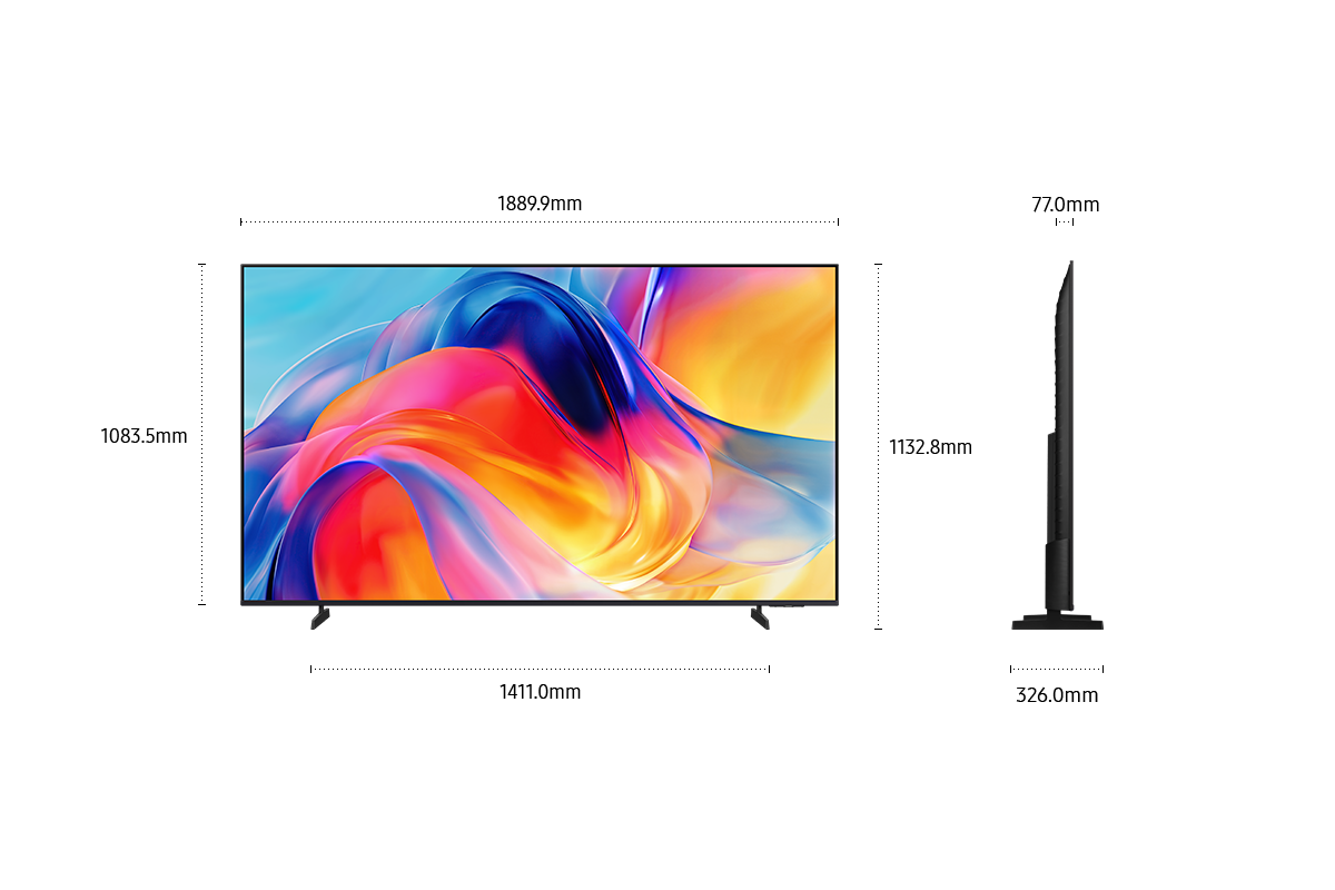 ขนาดของหน้าจอ Samsung Mini LED M75H เท่านั้น (1889.9 x 1083.5 x 77 มม.) ความสูงเมื่อรวมขาตั้ง TitanGray Basic (1132.8 มม.) ขนาดของขาตั้ง TitanGray Basic (1411 x 326 มม.)