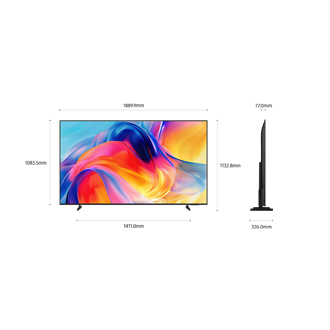 ขนาดของหน้าจอ Samsung Mini LED M75H เท่านั้น (1889.9 x 1083.5 x 77 มม.) ความสูงเมื่อรวมขาตั้ง TitanGray Basic (1132.8 มม.) ขนาดของขาตั้ง TitanGray Basic (1411 x 326 มม.)