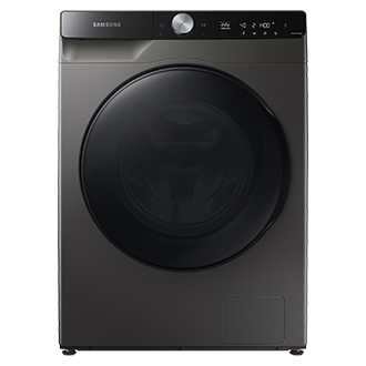 [มุมมองด้านหน้า เครื่องซักผ้า Sáms~úñg และเครื่องอบผ้า W~D90T734DB~X พร้อม ÁÍ C~óñtr~ól, 9/6 กก. ผิวสีเงินแพลตตินั่มเงา แผงแสดงผลด้านบนและปุ่มต่างๆ และประตูโหลดด้านหน้าที่หันไปทางด้านหน้า]