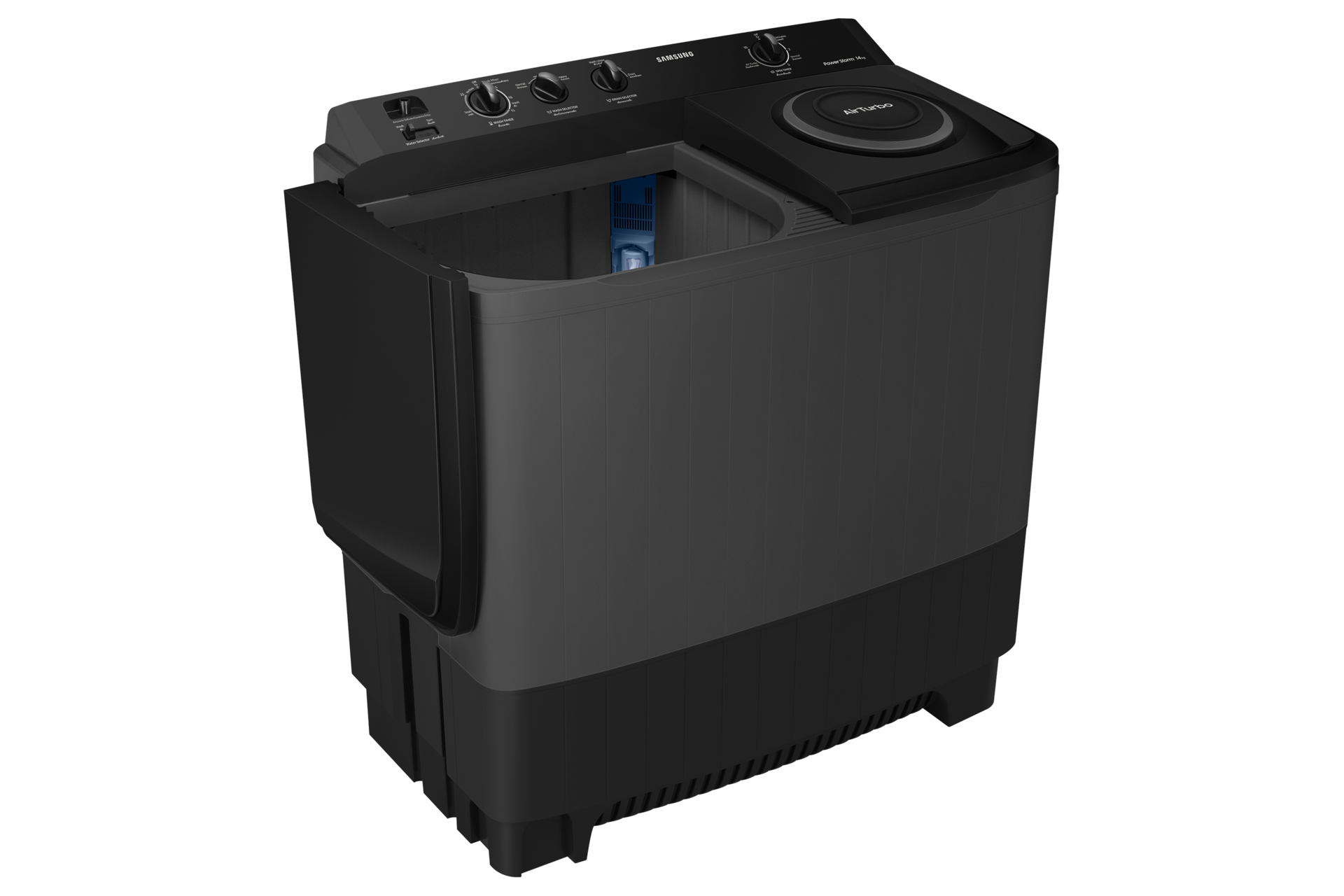 เช็กราคาเครื่องซักผ้า 2 ถัง 10 kg ที่มาพร้อม Air Turbo Drying ปั่นหมาดทรงพลัง ประหยัดเวลา ผ้าแห้งเร็วขึ้น หมดปัญหากลิ่นอับชื้น. WT14B5040BA/ST สี Black ที่เปิดฝาซักออก