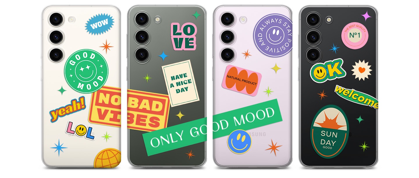 Birkaç Şeffaf Kılıfın arkadan görünümü, çeşitli çıkartmalarla süslenmiş şekilde gösteriliyor.