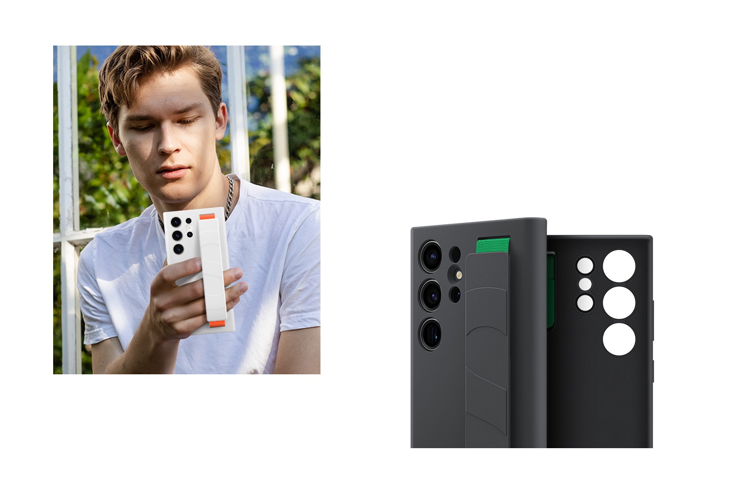 Bir adam, parmakları kayışın altına geçmiş halde Galaxy S23 Ultra telefonunu tutuyor. Kılıfın iç ve dış kısmının yakından görünümü gösteriliyor.