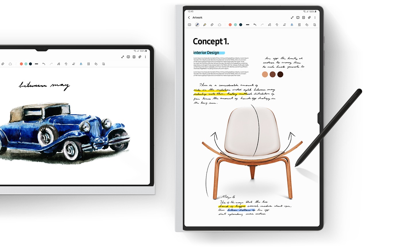 NotePaper Ekran Koruyuculu Galaxy Tab S9 Ultra, ekranında Samsung Notes uygulaması açık halde yatay olarak görülüyor. Bir başka NotePaper Ekran Koruyuculu Galaxy Tab S9 Ultra ise dikey halde görülüyor; ekranında Samsung Notes uygulaması üzerinde S Pen ile bir eskiz çiziliyor.
