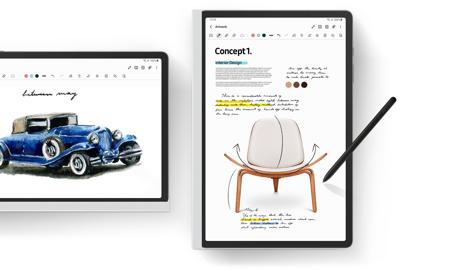 NotePaper Ekran Koruyuculu Galaxy Tab S9+, ekranında Samsung Notes uygulaması açık halde yatay olarak görülüyor. Bir başka NotePaper Ekran Koruyuculu Galaxy Tab S9+ ise dikey halde görülüyor; ekranında Samsung Notes uygulaması üzerinde S Pen ile bir eskiz çiziliyor.