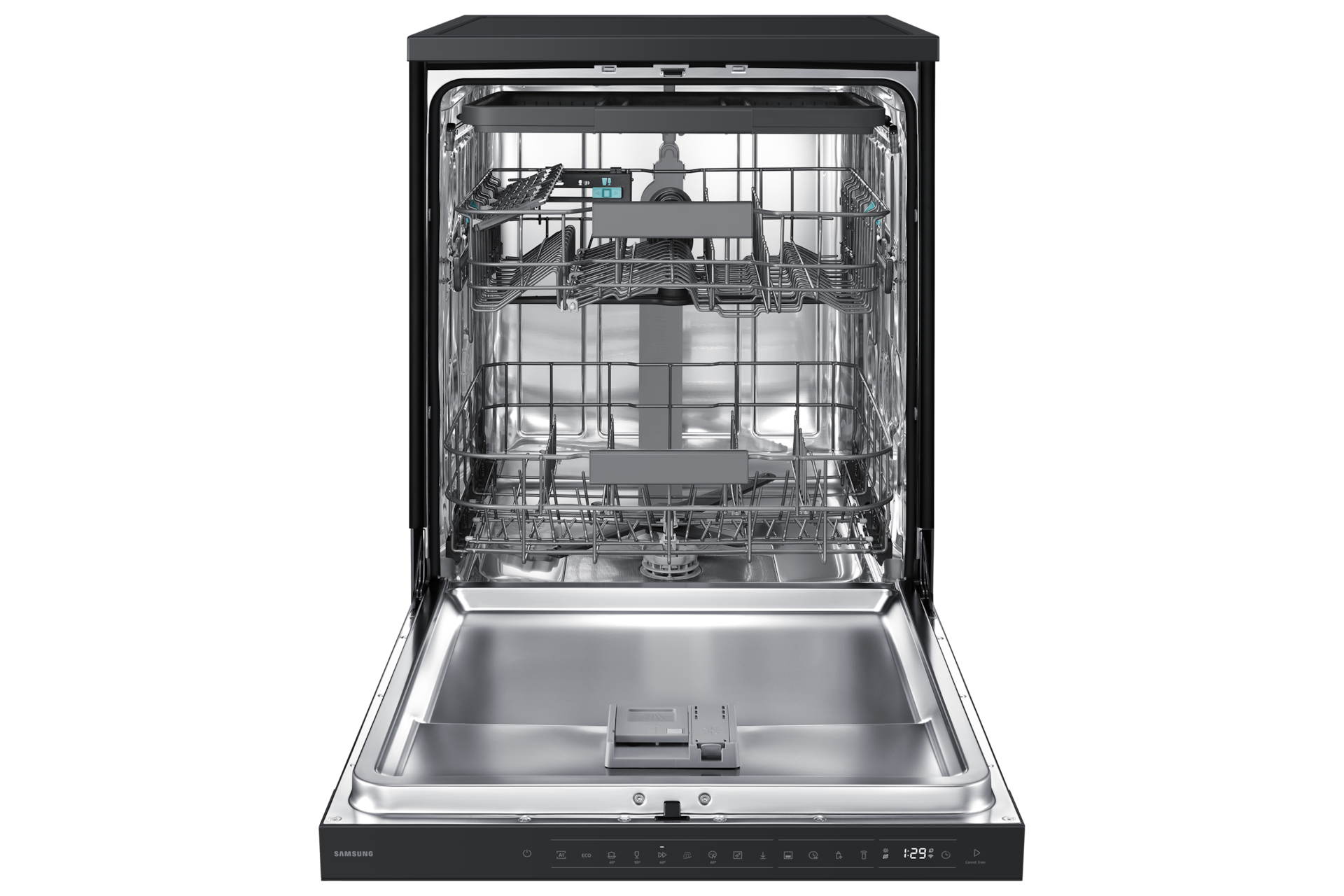 DW90H/24 Freestanding Dishwasher Energy Efficiency and AI Wash ⠀ Front-Open2 Black 