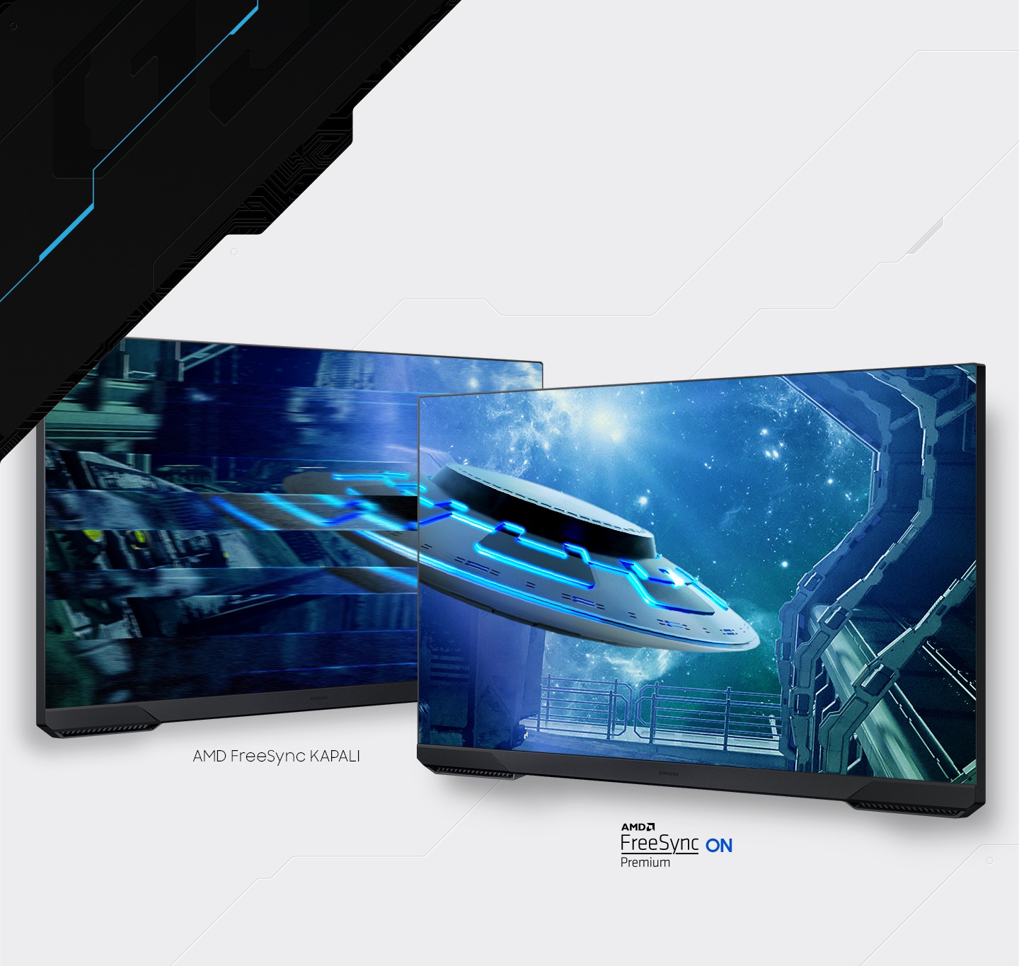 Two monitors show the same scene of a starship flying through a larger spaceship's hangar headed towards deep space. The left monitor's screen with FreeSync off is disjointed with jarring screen jitter while the right with FreeSync Premium on shows the starship with perfect clarity.