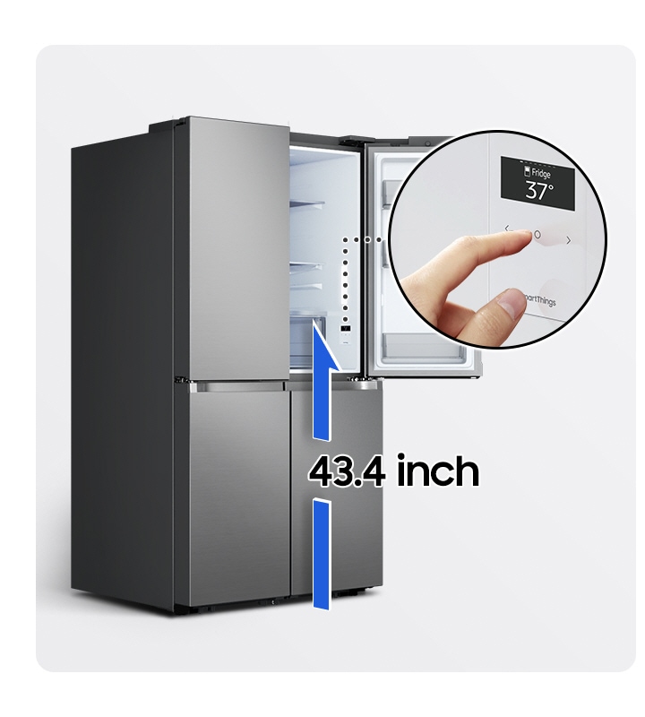 The LCD control panel is inside the fridge within a 43.4 inch reach. A hand touches a button on the control panel, which reads 37 degrees.