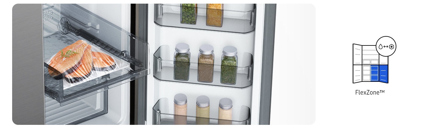 The Crisper+ drawer, in the upper left part of the fridge, is filled with different fruits, while Flex Crisper, in the upper right, is holding two seasoned steak. On the bottom right of the fridge is the FlexZone, which has three pieces of salmon.