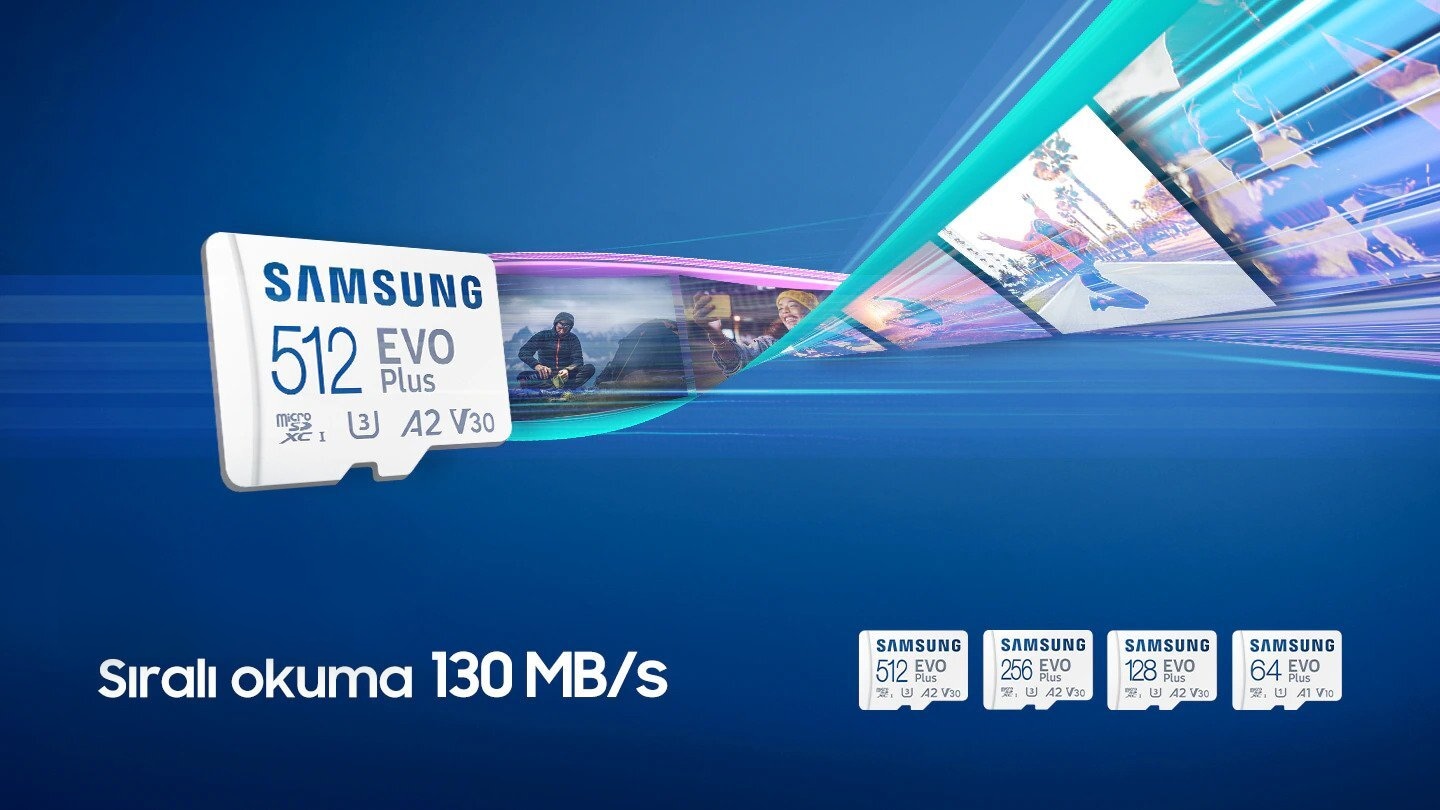 microSD seen at a dynamic angle, with streaks of blue light to represent its fast speed. Sequential speed of up to 130MB/s.