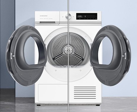 The dryer with doors opened to both sides shows the reversible feature at a glance.