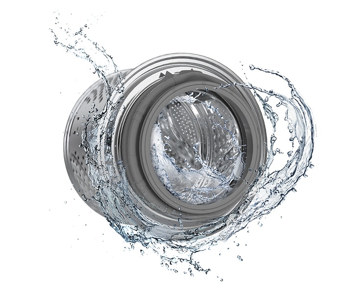 The washer drum is surrounded by clean water and water jets are cleaning the inside.