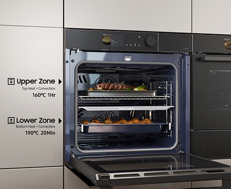 Shows the upper and lower zones being used independently to cook different dishes at the same time using different settings.