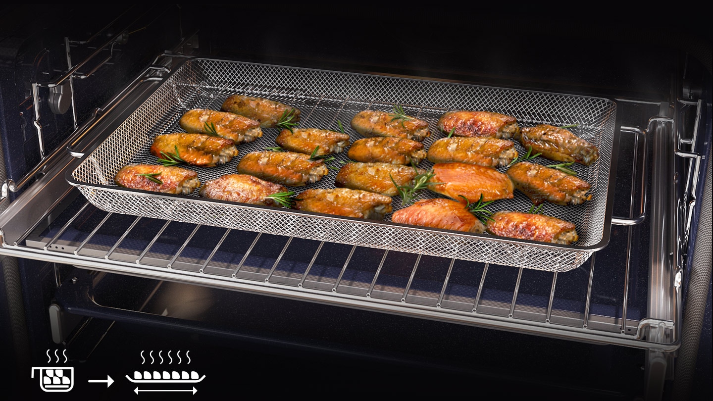 Shows food in the oven being fried with only a small amount of oil using Air Fry.