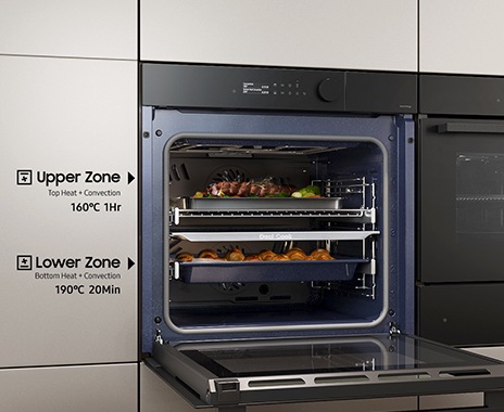 Shows the upper and lower zones of the Dual Cook system being used independently to cook different dishes at the same time with different settings.