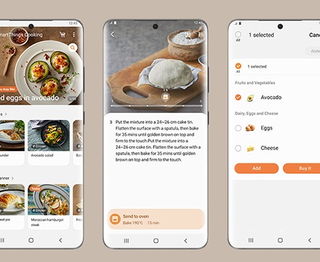 Shows 3 smartphone screens from the SmartThings Cooking app, which lets you access personalized recipes and meal plans, view guided cooking instructions and create a grocery shopping list to buy ingredients.