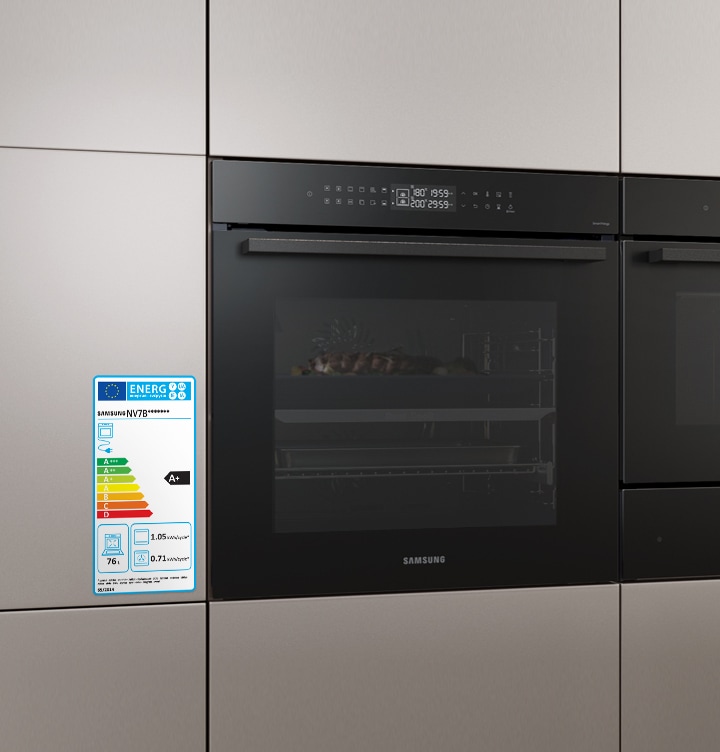 Shows the oven in the kitchen with a label highlighting its A+ energy efficiency rating. It also shows that it has a 76 liter capacity and consumes 1.05 kWh/cycle as a conventional oven and 0.71 kWh/cycle using forced air convection.