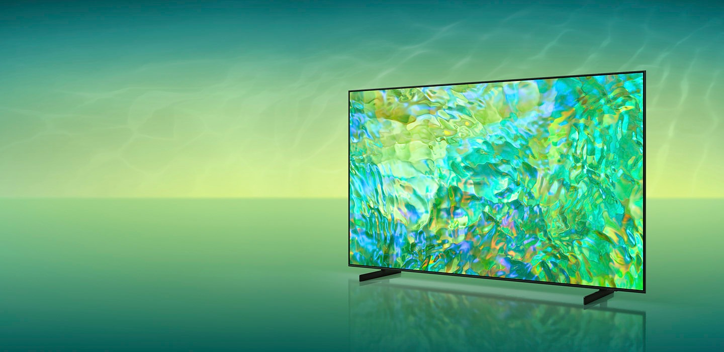 A Crystal UHD TV is displaying a very colorful graphic on its screen.