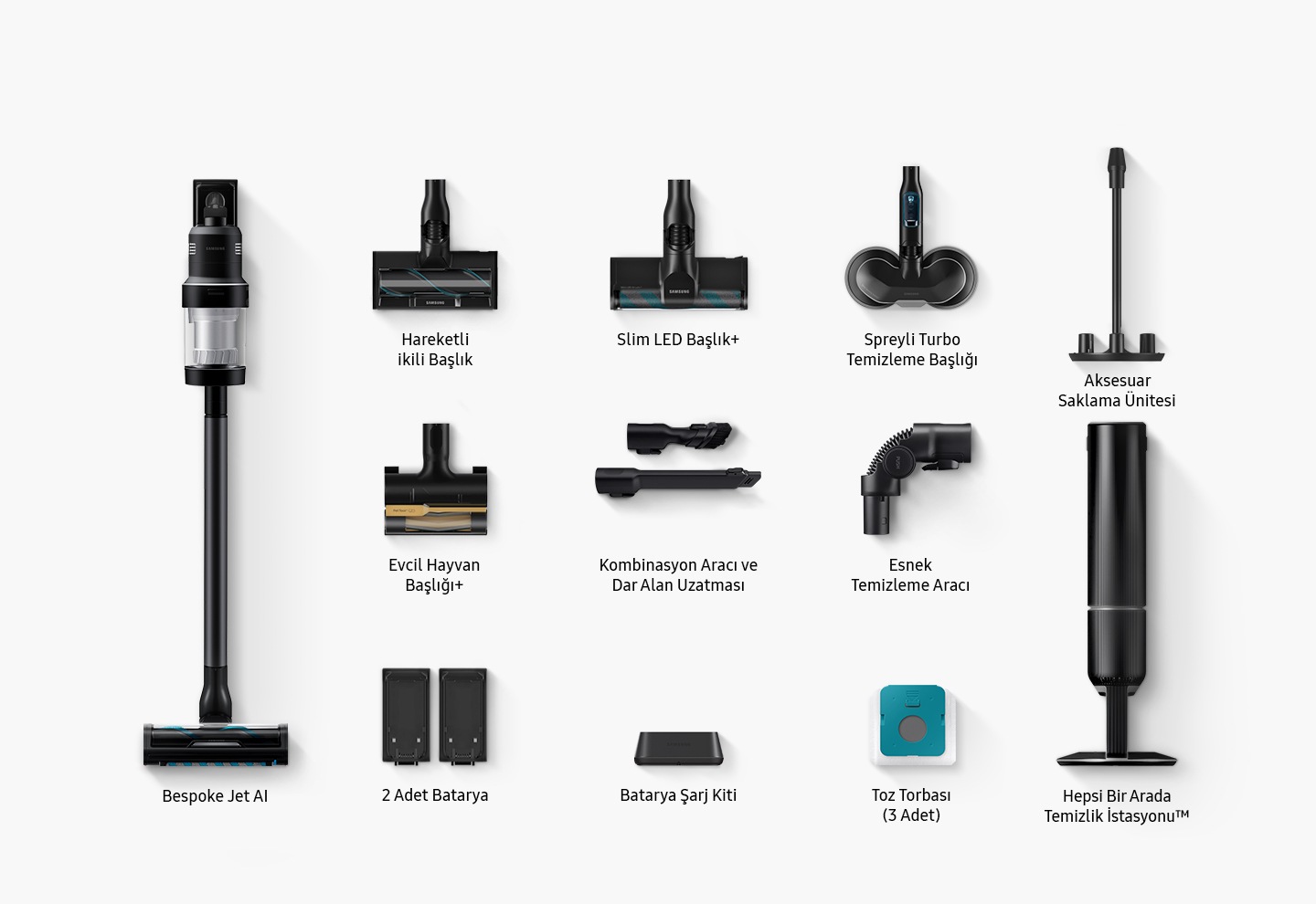 The components that come in the box include Bespoke Jet™ AI, Active Dual Brush, Slim LED Brush+, Spray Spinning Sweeper, Pet tool+, 60min battery, Battery Charging kit, Combination & Long Reach Crevice Tool, Flex Tool, Dust bag x 3, Accessory Cradle, All-in-one Clean Station.