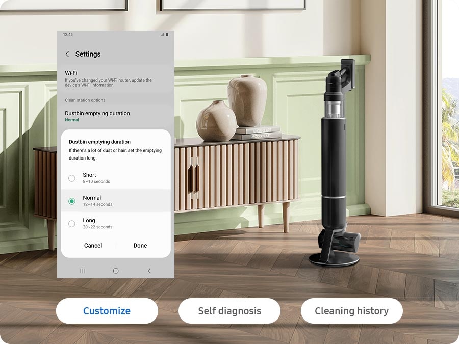 Customize is selected. From the SmartThings app, the empty dustbin duration is set to normal. Self diagnosis step is selected. Diagnosis is complete and the Bespoke Jet™ AI is ready for use. Cleaning history is selected. A user checks the usage patterns on SmartThings app.