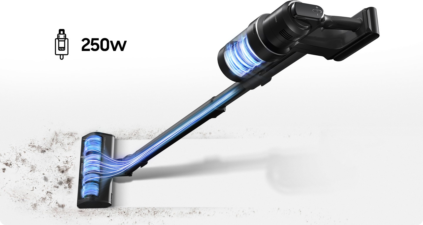 A Bespoke Jet AI cleans a surface, with the HexaJet Motor and brush attachment highlighted. 250W suction power.