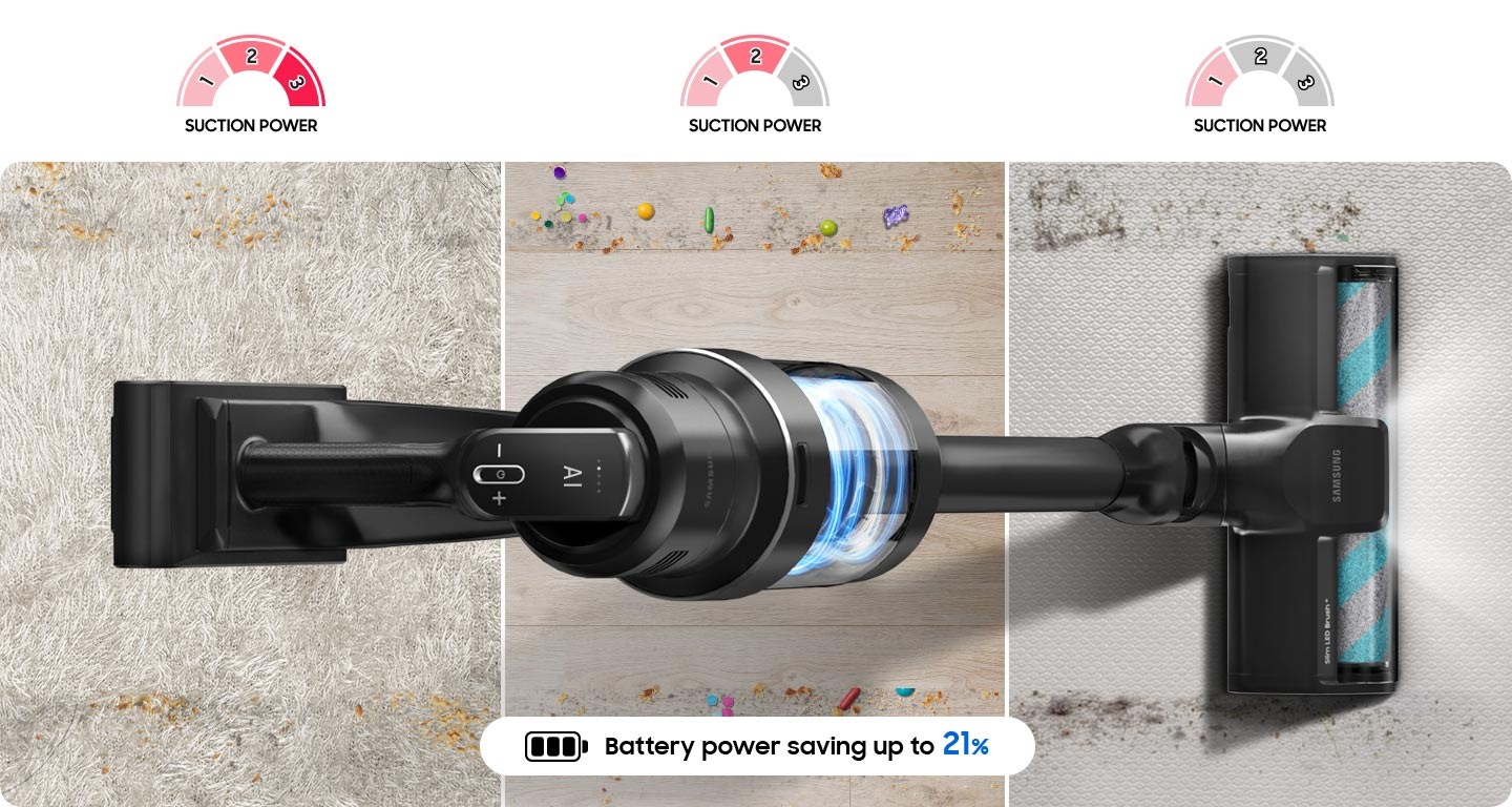 A Bespoke Jet™ AI senses vacuuming air pressure, the brush load and controls suction power. There are 3 different floor surfaces, each covered in dust: carpet, wood and a mat. Suction power changes depending on the room conditions. Battery power saving up to 21%.