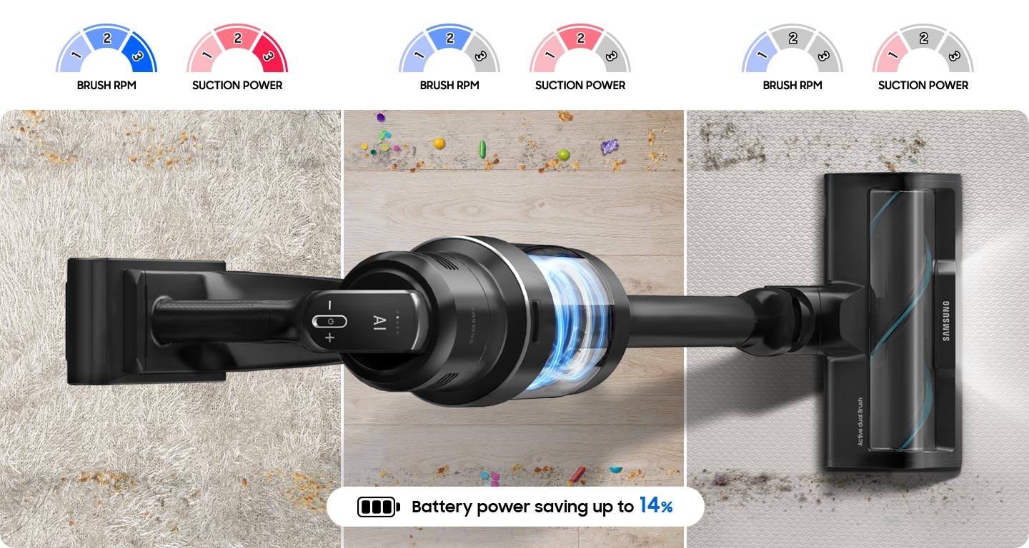 A Bespoke Jet™ AI senses vacuuming air pressure, the brush load and controls suction power and the brush speed. There are 3 different floor surfaces, each covered in dust: carpet, wood and a mat. Brush RPM and Suction power changes depending on the room conditions. Battery power saving up to 14%.