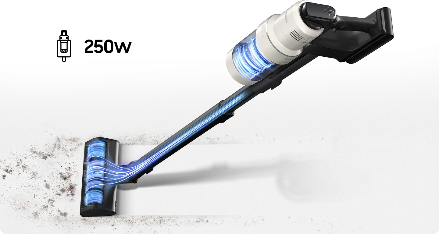 A Bespoke Jet AI cleans a surface, with the HexaJet Motor and brush attachment highlighted. 250W suction power.