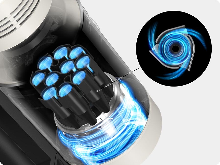 There is a closeup illustration inside a Bespoke Jet™ AI with 10 Jet Cyclones. Blue streaks demonstrate the Jet Cyclone's high-efficiency, high suction that traps fine dusts.