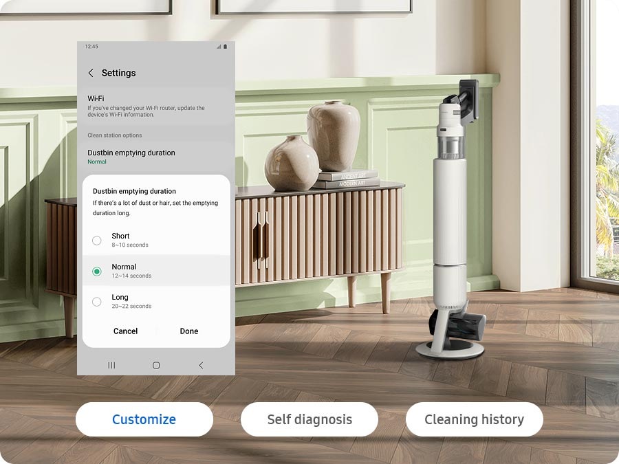 Customize is selected. From the SmartThings app, the empty dustbin duration is set to normal. Self diagnosis step is selected. Diagnosis is complete and the Bespoke Jet™ AI is ready for use. Cleaning history is selected. A user checks the usage patterns on SmartThings app.