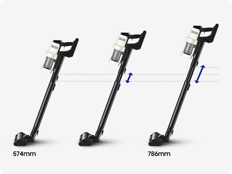 3 Bespoke Jet™ AIs stand side-by-side at different height adjustments. Arrows indicate it can be set between 574 and 786mm.