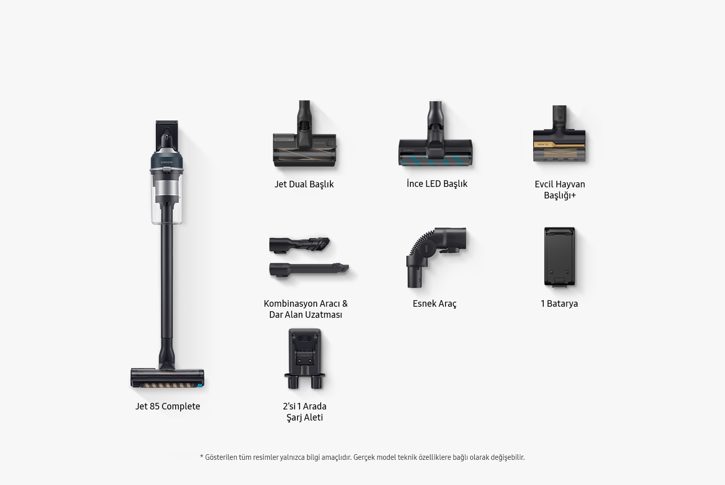 The components that come in the box include Jet 85 Complete, Jet Dual Brush, Slim LED Brush, Pet Tool +, Combination & Crevice Tool, Flexible Tool, 1 Battery and 2-in-1 Charger. All images shown are for illustration purpose only. Actual model may vary depending on specifications.