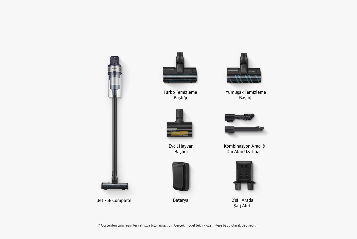 The components that come in the box include Jet 75E Complete, Turbo Action Brush, Soft Action Brush, Pet Tool, Combination & Crevice Tool, 1 Battery and 2-in-1 Charger. All Images shown are for illustration purpose only. Actual model may vary depending on specifications.