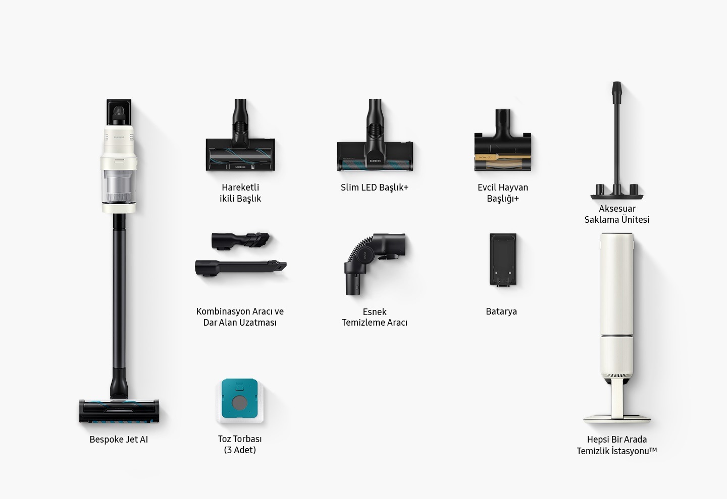 The components that come in the box include Bespoke Jet™ AI, Active Dual Brush, Slim LED Brush+, Spray Spinning Sweeper, Pet tool+, 60min battery, Combination & Long Reach Crevice Tool, Flex Tool, Dust bag x 3, Accessory Cradle, All-in-one Clean Station.