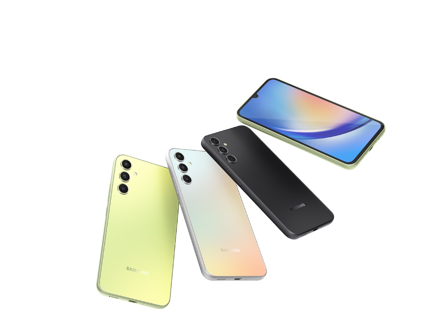 Five Galaxy A34 5G devices are fanned out. Four devices in Awesome Lime, Awesome Silver, Awesome Violet and Awesome Graphite show their backsides while the top most device, in Awesome Lime, shows the screen.