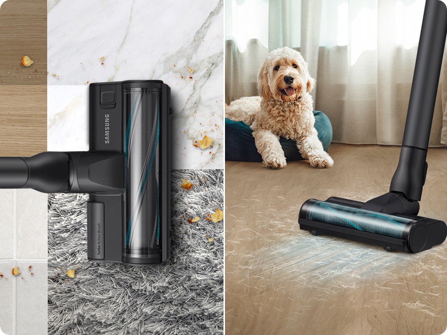 A Jet 75E with a Turbo Action Brush attachment cleans a surface with four different floor surfaces, each covered in dust and chips : wood, tile, carpet, and marble. It also cleans pet hair clumps on the floor and a dog is sitting next to it.