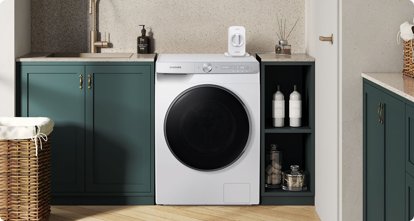 There is a Bespoke Grande AI washer with a Less Microfiber™ Filter installed on top in a laundry room. In a different room, there is a Bespoke Grande AI washer with a Less Microfiber™ Filter installed in the storage closet. In a third room, there is a Bespoke Grande AI washer with a  Less Microfiber™ Filter installed next to it on the wall. Then, in a fourth room, there is a Bespoke Grande AI washer dryer set placed side by side with a Less Microfiber™ Filter installed on top of the washer. Lastly, in a fifth room, there is a Bespoke Grande AI washer dryer set stacked vertically with a Less Microfiber™ Filter attached next to it in a cabinet.