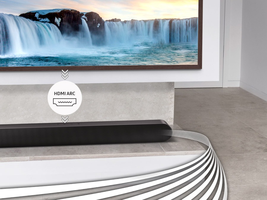 Sound wave graphics show sound leaving soundbar. HDMI ARC infographic between TV and soundbar indicate sound being played through soundbar via device connected to TV with HDMI.