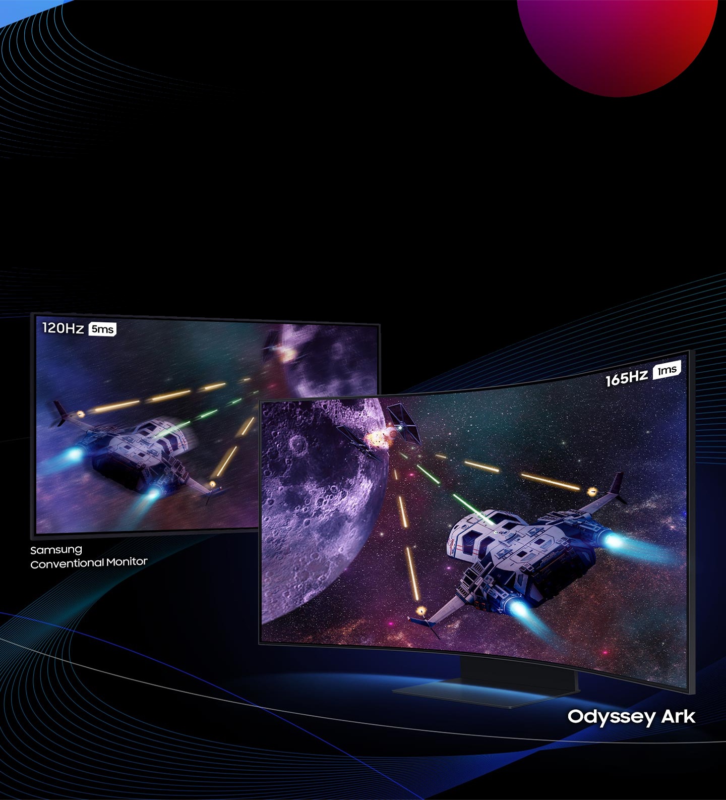 Two rocket ships are flying away firing missiles at the same planet. The screen is split diagonally with the left side showing 120Hz refresh rate and 5ms response time compared to the right side which shows 165Hz refresh rate and 1ms response time, demonstrating the difference between a conventional monitor and Odyssey Ark.