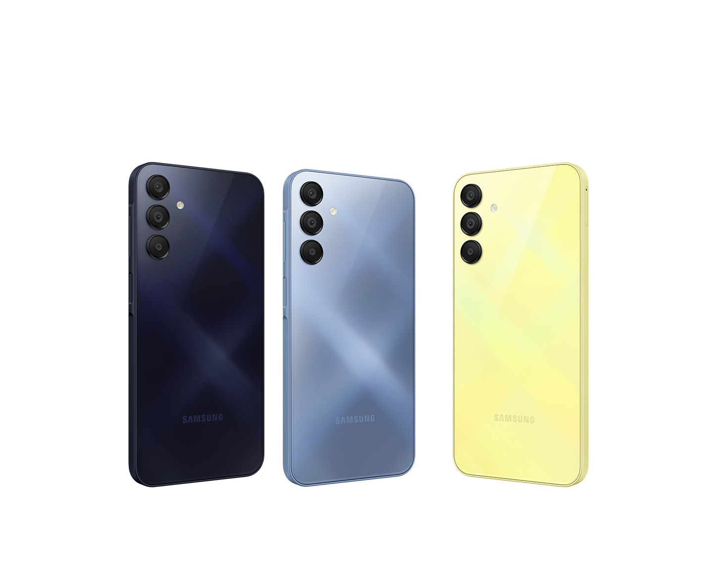 Four Galaxy A15 devices are shown with all of them showing their backsides. The devices colorways are, from left to right, Blue Black, Blue, Light Blue and Yellow.