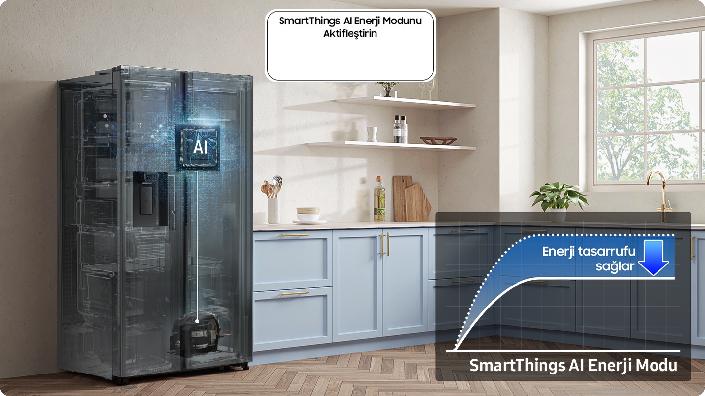 The refrigerator installed in the kitchen with the Activate “SmartThings AI Energy Mode” button ON. The AI Energy Mode is turned on, AI activated to check internal and manage the compressor, and a graph shows the UP to 10% Energy Saving effect when in AI Energy Mode compared to Normal mode.