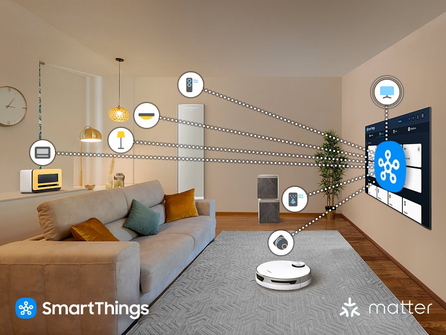 TV’nize entegre SmartThings hub sayesinde, başka hiçbir ek cihaza ihtiyaç duymadan Matter ve HCA standartlarına uygun akıllı cihazlara sorunsuz bir şekilde bağlanıp bu cihazları kontrol edebilirsiniz.