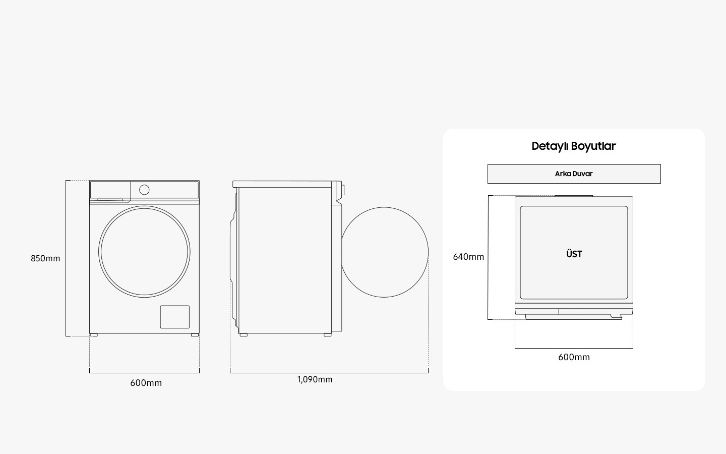 Çizimde çamaşır makinesinin ön, yan ve üst boyutları gösteriliyor. Genişlik 600 mm, yükseklik 850 mm, derinlik ise 640 mm olarak ölçülüyor. Ön kapı açıldığında toplam genişlik 1.090 mm olarak ölçülüyor. Çamaşır makinesi, arkasındaki duvarla arada biraz boşluk olacak şekilde kurulmalıdır.