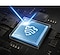 A microchip that seems to be encased glass is shown. At the center of the microchip is the Samsung Knox Vault logo and a light blue beam bounces off the glass encasing.