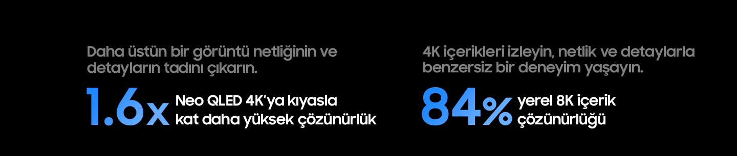 256 Yapay Zeka nöral ağından güç alan Yapay Zeka ile 8K Görüntü Ölçekleme teknolojimiz, içerikleri 8K’ye yakın bir çözünürlüğe yükseltir. En gelişmiş NQ8 AI 2. Nesil İşlemcimiz, tüm Samsung TV’lerde en net ve akıcı görüntü kalitesine ulaşmanızı sağlar.