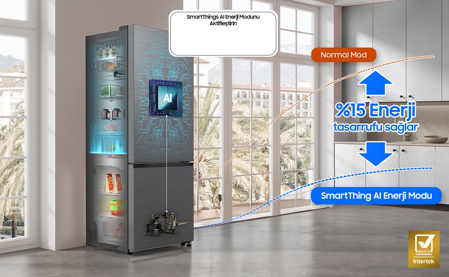 RB6000D installed in the kitchen with the Activate “SmartThings AI Energy Mode” button ON. The refrigerator's AI is activated to check internal food and manage the compressor, and a graph shows the UP to 15% Energy Saving effect when in AI Energy Mode compared to Normal mode.